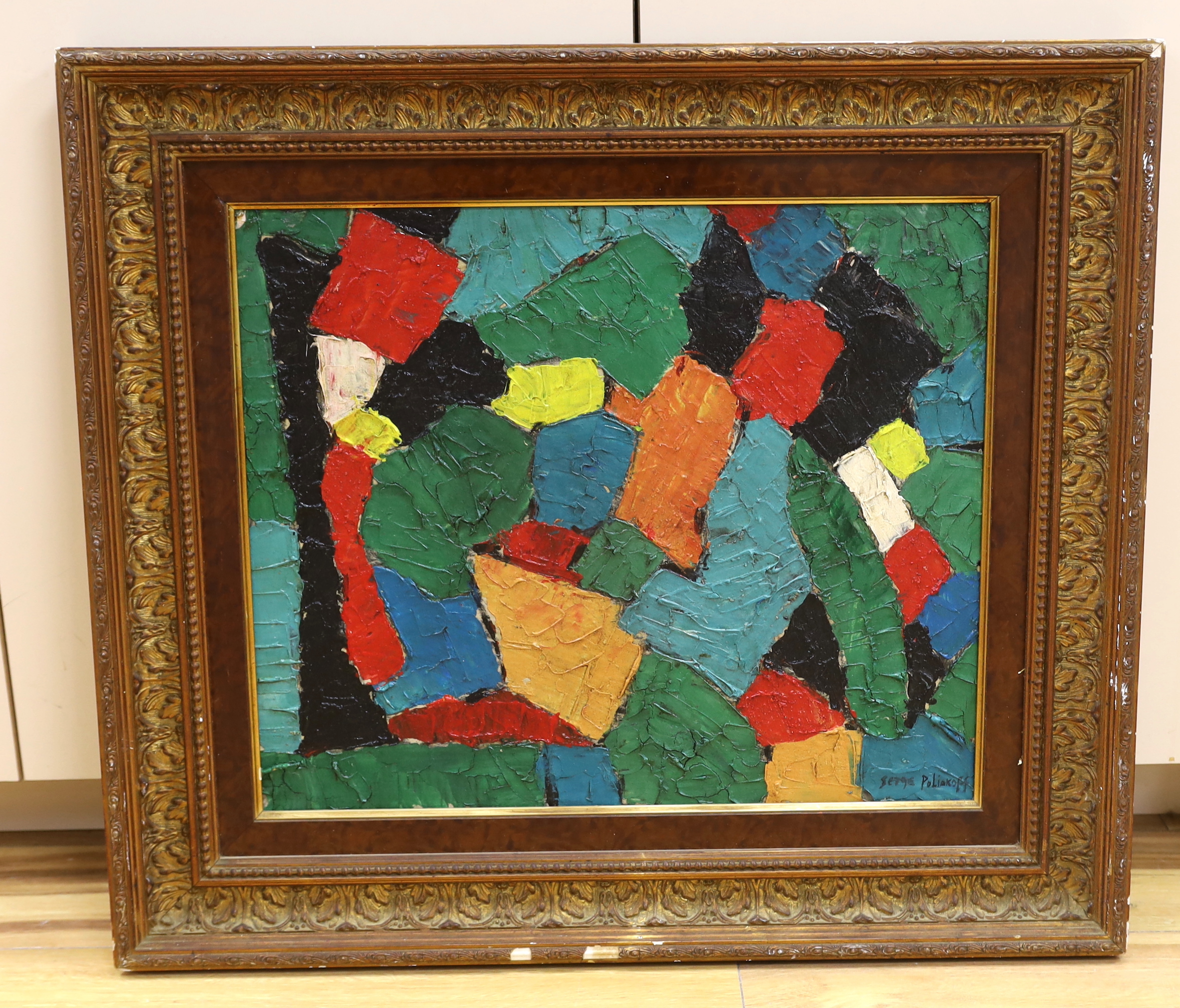 In the manner of Serge Poliakoff (Russian/French, 1900-1969) Impasto oil on board, Abstract composition, geometric shapes, 44 x 54cm